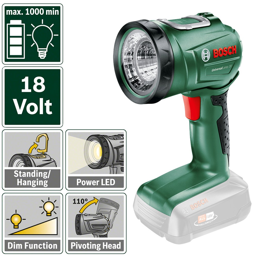 06039A1100 Акумулаторна лампа BOSCH UniversalLamp 18V без батерия с LED осветление и регулиране на яркостта