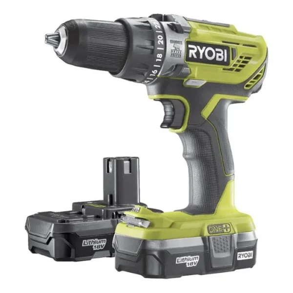 Акумулаторен винтоверт RYOBI R18PD2-213G, 18V, 2x1.3Ah, ударна функция, 2 скорости, безключов патронник, 2 батерии, чанта