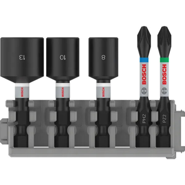 Комплект BOSCH PRO Impact Pick and Click, битове и накрайници 55 mm, 5 бр. – PH2, PZ2, NS8, NS10, NS13 – 2608522350